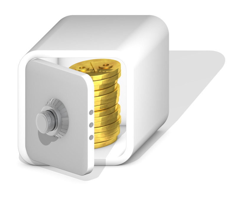 Open safe on a yellow background with coins inside. The accumulation of interest