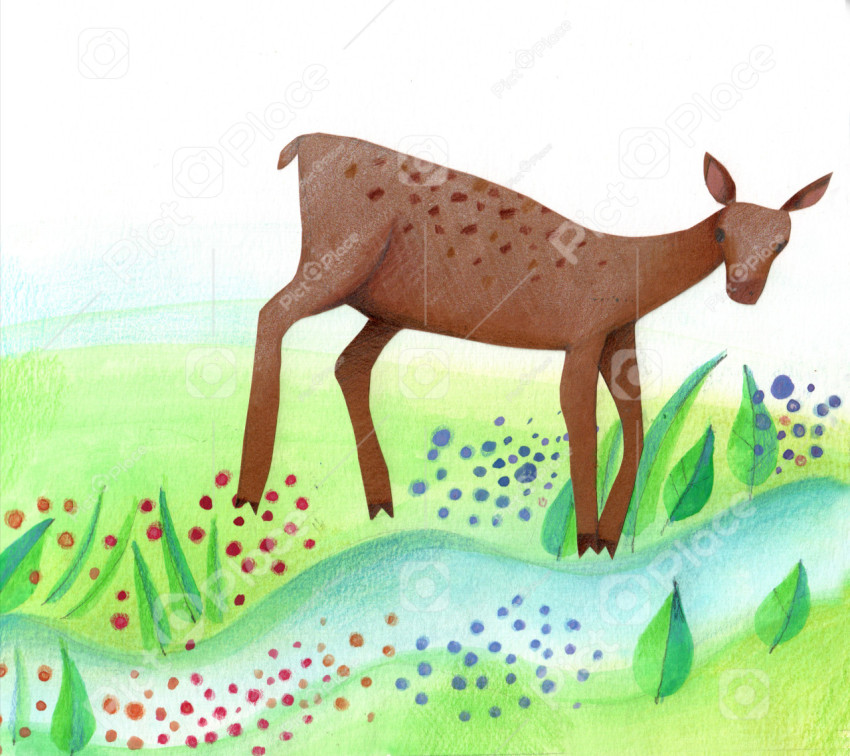 deer by a brook on a flowery spring meadow