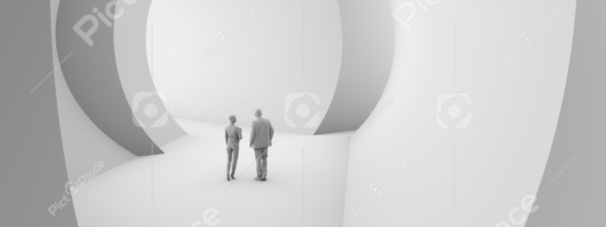 Futuristic hall with 3d people, minimalistic white architectural design. 3D illustration, 3D rendering.