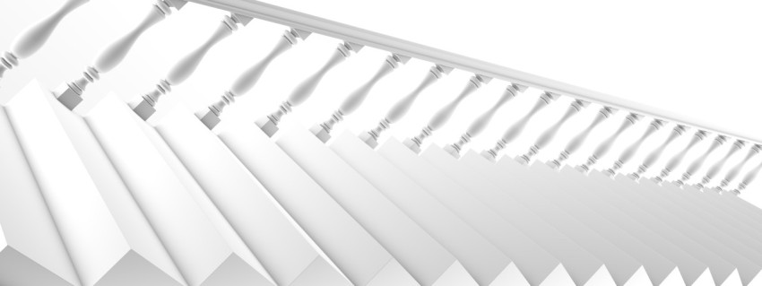 Inverted view of a staircase with a railing. Minimalistic architectural design. 3D illustration, 3D rendering.
