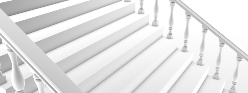 Clean staircase design with railings. Minimalistic architectural background. 3D illustration, 3D rendering.