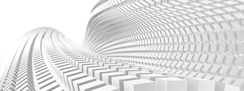 A futuristic architectural installation of many cubes spiraling into the distance on a white background. 3D illustration, 3D rendering.