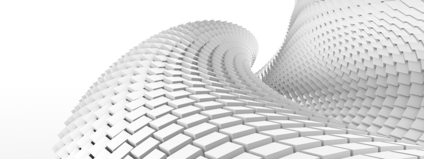 A futuristic architectural installation of many cubes spiraling into the distance on a white background. 3D illustration, 3D rendering.