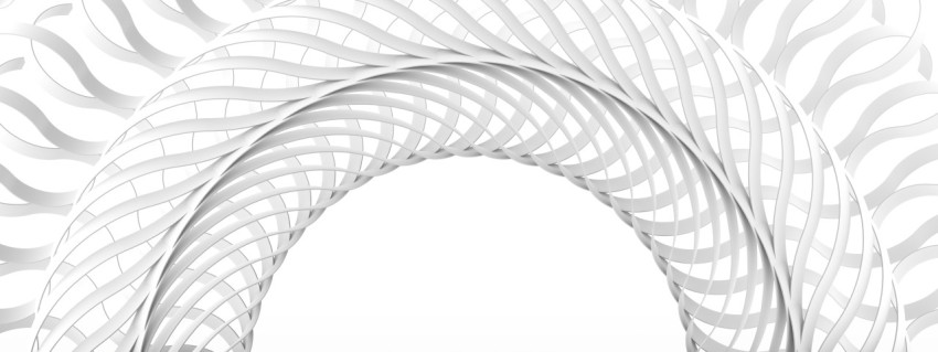 Architectural wicker arch in monochrome white color, abstract stylish ribbon patterned background. 3d rendering, 3d illustration.