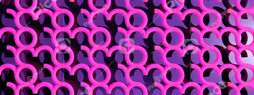 Abstract background of pink rings and half rings on a purple substrate. 3D illustration, 3D rendering.