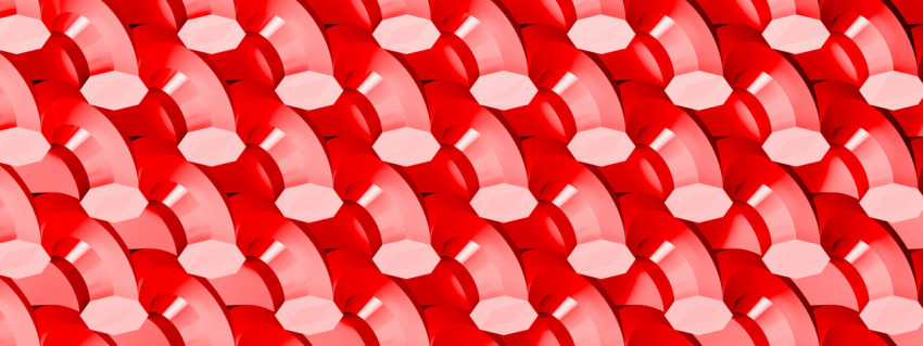 Red octagonal semicircles create an abstract wave with a metallic sheen. 3D illustration, 3D rendering.