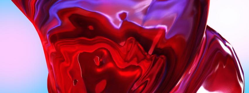 Beautiful red abstract liquid background with metallic reflection and light refraction. 3D illustration, 3D rendering.