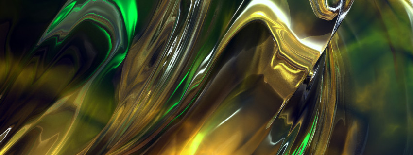 Beautiful gold with green liquid background with metallic reflection and light refraction. 3D illustration, 3D rendering.