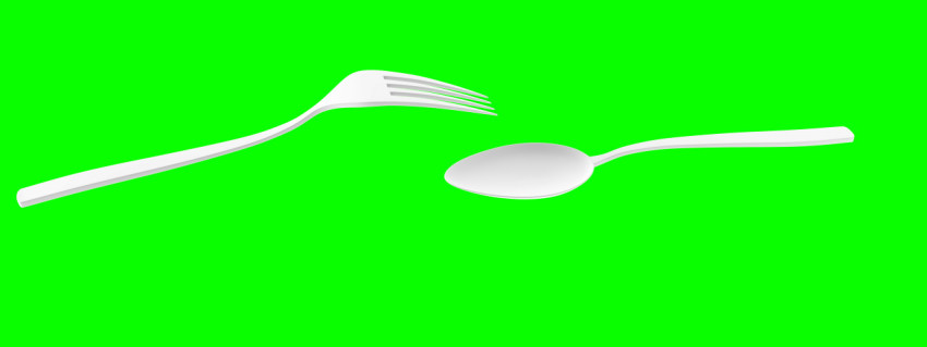Spoon and fork on a green background  For the design of a restaurant, cafe, pizzeria
