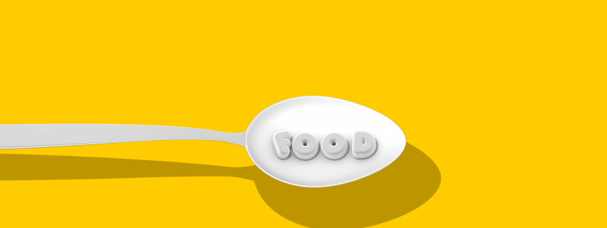Spoon on a yellow background with the words Food. Spoon for the design of a restaurant, cafe, pizzeria. Minimalistic design of a kitchen spoon for advertising purposes