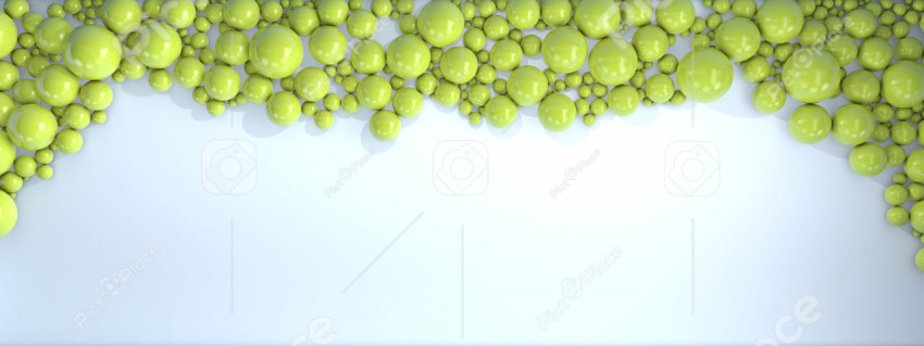 Green pearls of different sizes are scattered on a light blue background. Modern beautiful background