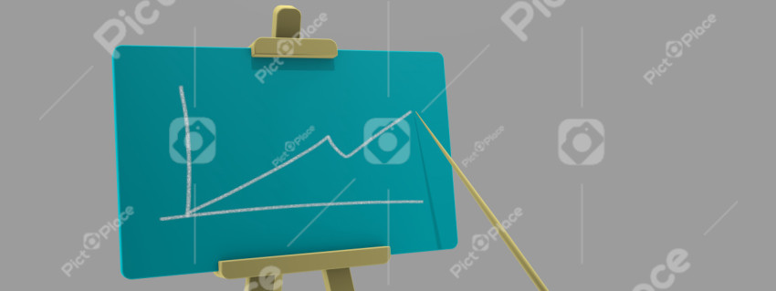 Blue empty presentation board on a gray background with a pointer and a graph drawn in chalk. Stylish minimalistic render