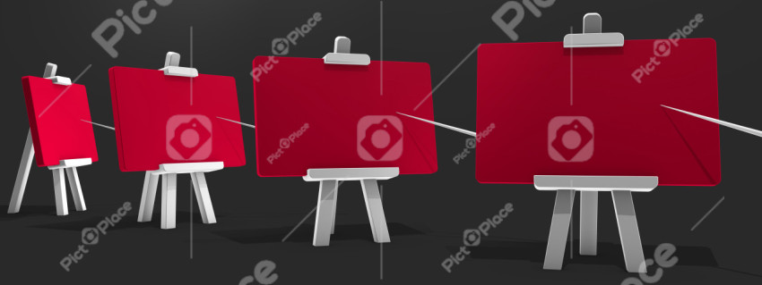 Four red blank presentation boards on a dark gray background with a pointer for any information. Stylish minimalistic render