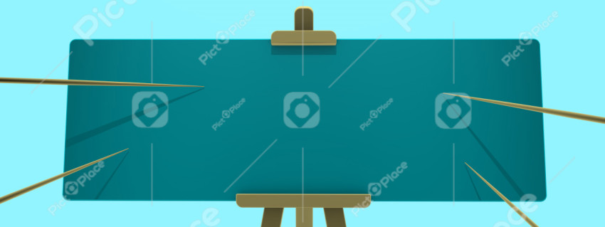 Blue widescreen empty presentation board on cyanite background and four pointers for any information. Stylish minimalistic render