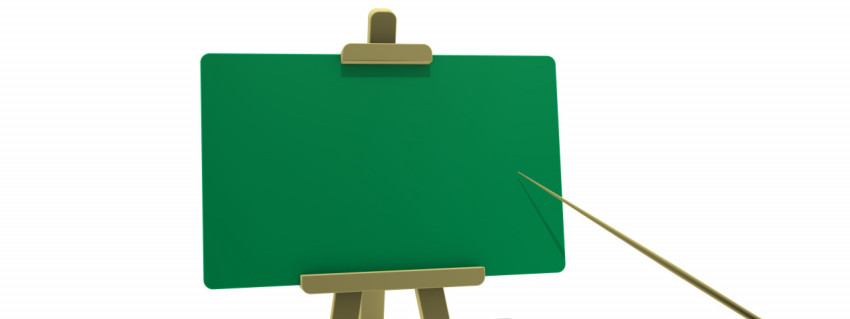 Green empty presentation board on a white background and a pointer for any information. Stylish minimalistic render