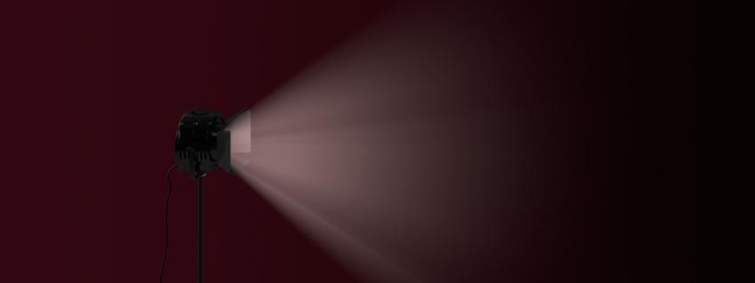 The spotlight shines with volumetric light. Empty blank space for information. 3D illustration, 3D rendering.