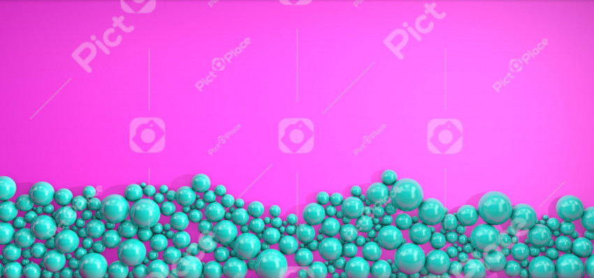 Pearl green balls of different sizes are scattered on a pink background. Modern beautiful background
