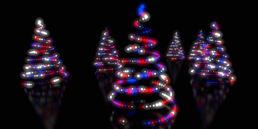 Christmas trees made from red, blue and white glowing balls on a black background. 3d rendering, 3d illustration.