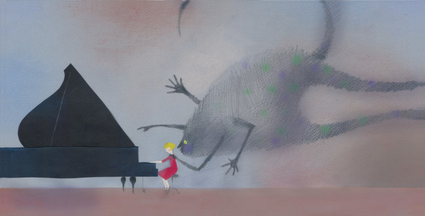a girl playing a piano with a stage fright behind her back