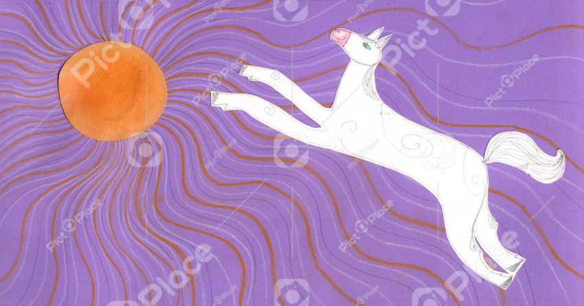 white horse on a violet background with radiant sun