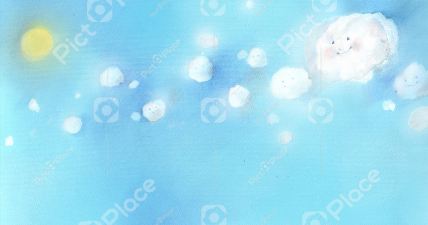 fluffy, white, smiling clouds in sunny blue sky