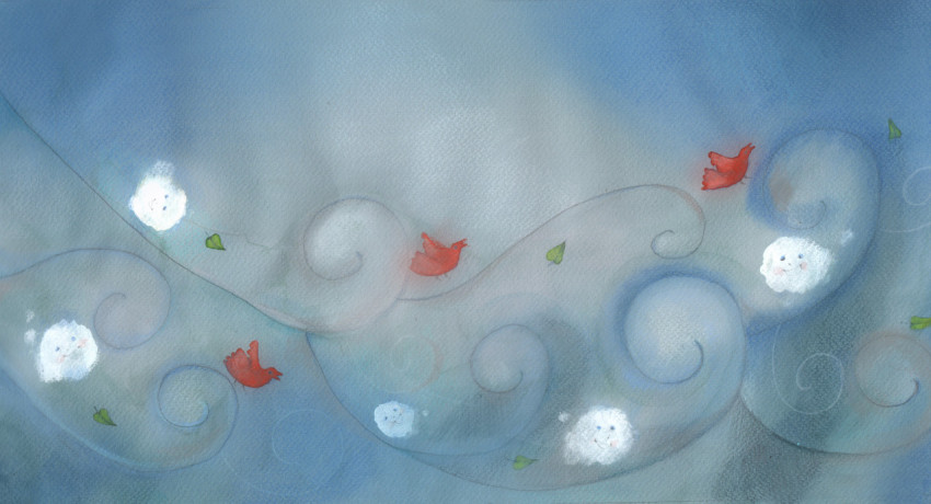 little white clouds and red birds in the autumn wind