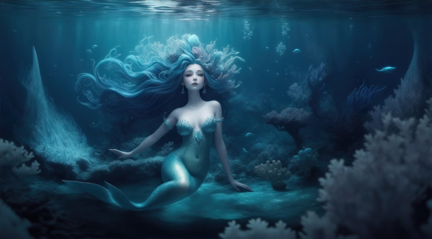 Enchanting Mermaid Amidst Seaweed and Coral Wonderland