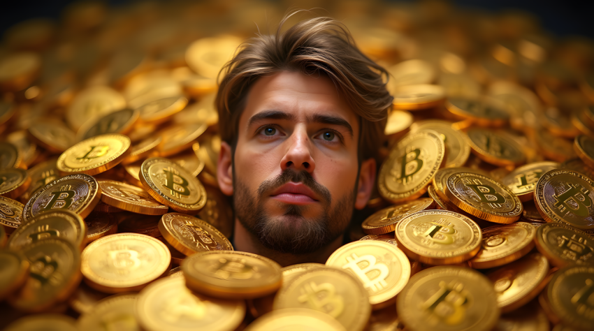 Drowning in Digital Wealth: Man Immersed in Bitcoins