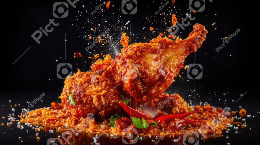 PHOTO falling of hot fried chicken isolated on black