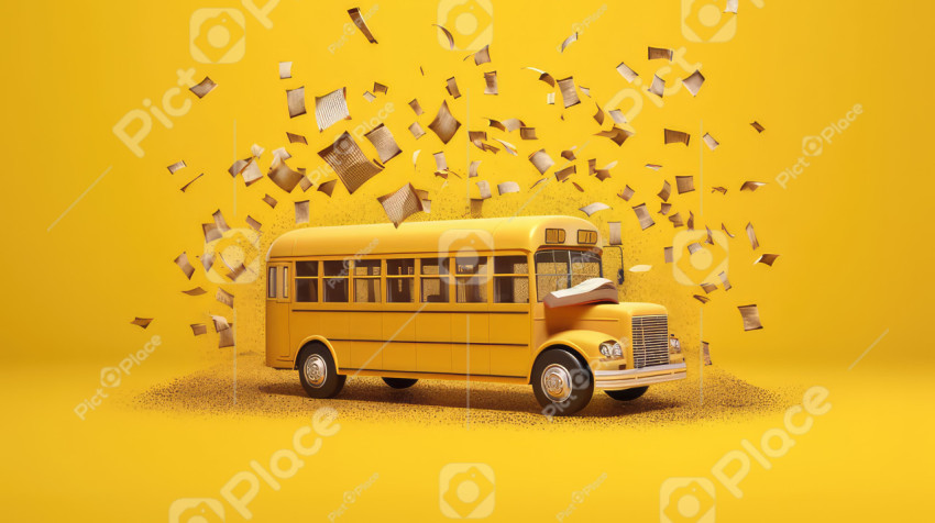 Back to school theme background. yellow school bus jump above opened book