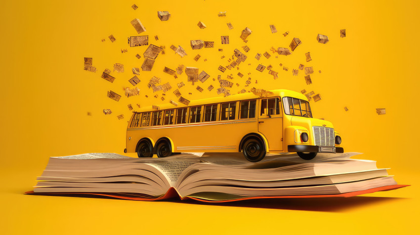 Back to school theme background. yellow school bus jump above opened book