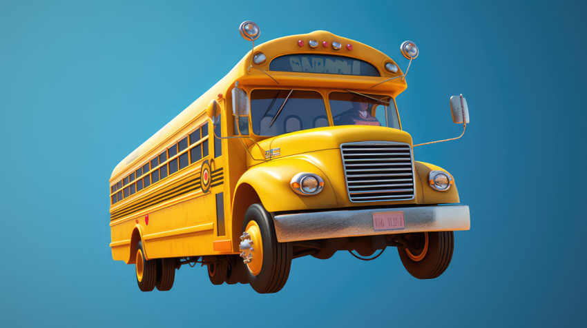 photo of yellow school bus have two wings and flying, back to school background