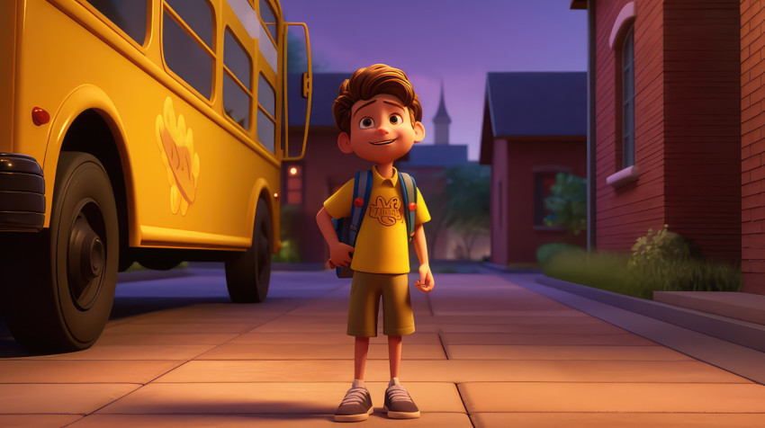 back to school theme, photo of a kid will enter to school bus 3d cartoon character