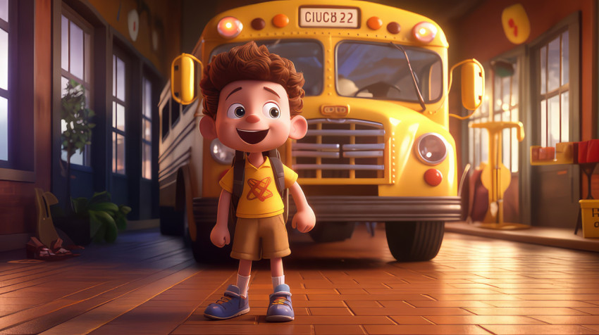 back to school theme, photo of a kid will enter to school bus 3d cartoon character