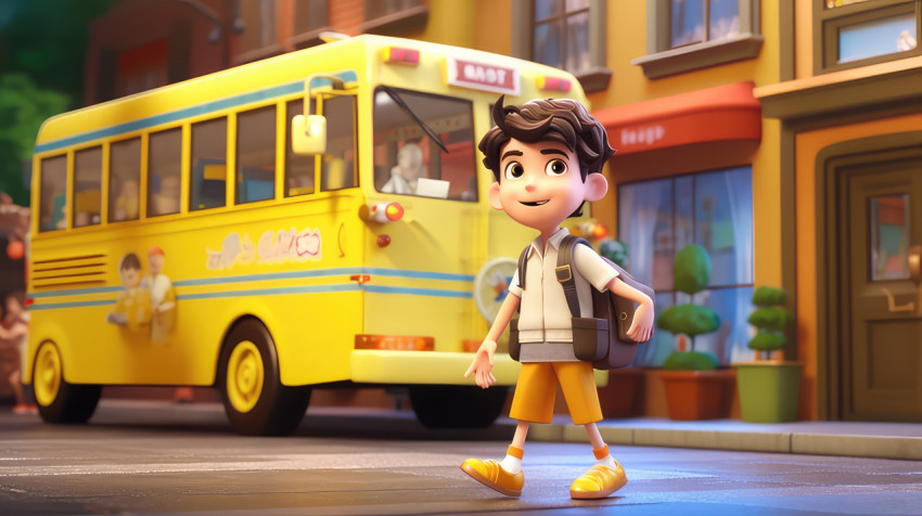 back to school theme, photo of a kid will enter to school bus 3d cartoon character