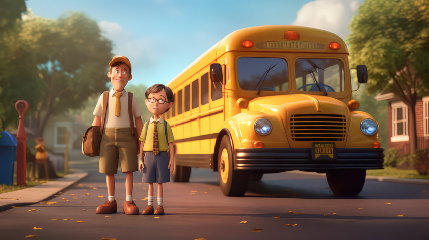 Back to school picture, photo of a kid and a teacher will enter school bus