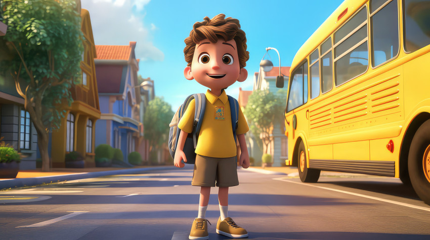 Back to school picture, photo of a kid will enter at door school bus 3d cartoon character