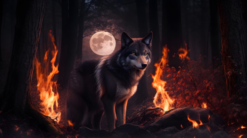a dark wolf stay in under the moon on fire