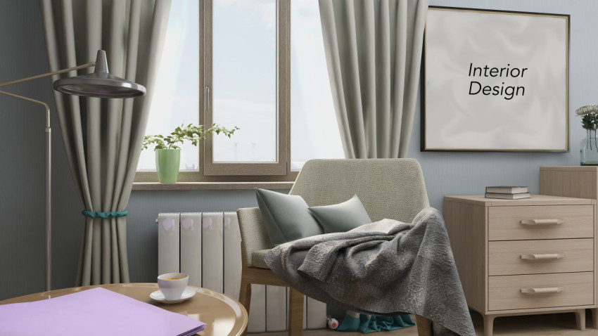Mock up modern interior of the living room. Armchair by the window. 3D render
