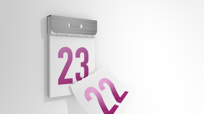 3d rendering of a minimalistic tear-off calendar. 3d illustration of changing days from 22 to 23. Falling page of the past day.