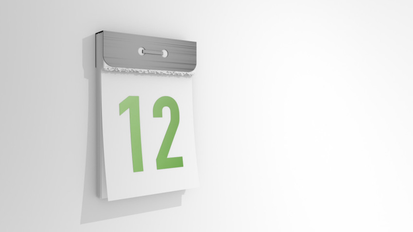 Tear-off calendar with number 12. Stylish 3D rendering of the twelfth date. 3d illustration over white background day twelve.