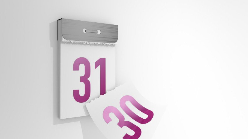 3d rendering of a minimalistic tear-off calendar. 3d illustration of changing days from 30 to 31. Falling page of the past day.