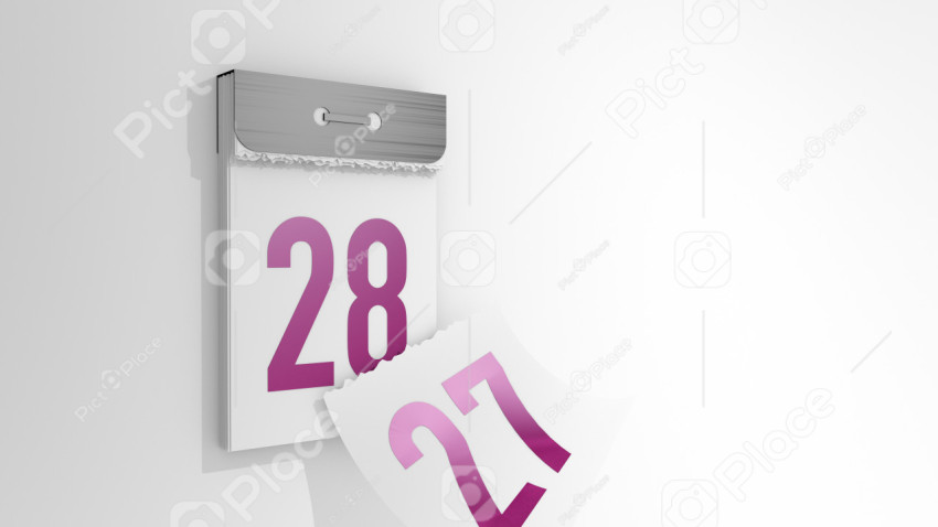 3d rendering of a minimalistic tear-off calendar. 3d illustration of changing days from 27 to 28. Falling page of the past day.