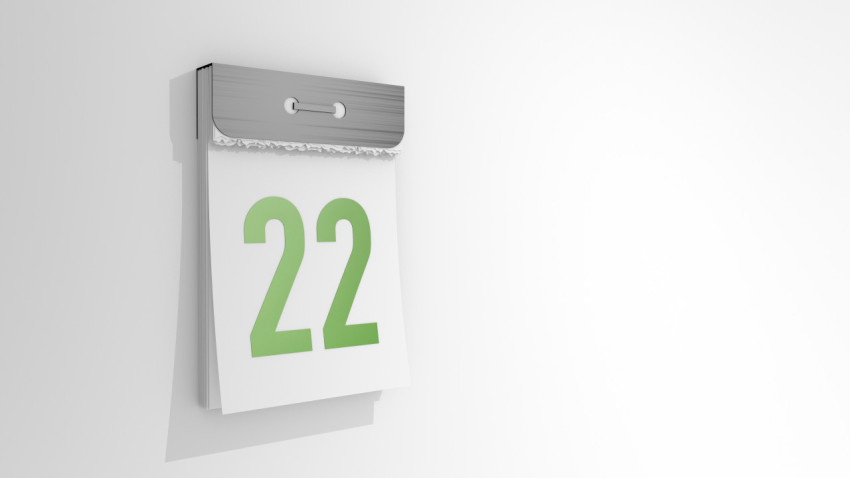 Tear-off calendar with number 22. Stylish 3D rendering of the twenty-second date. 3d illustration on white background day twenty two.