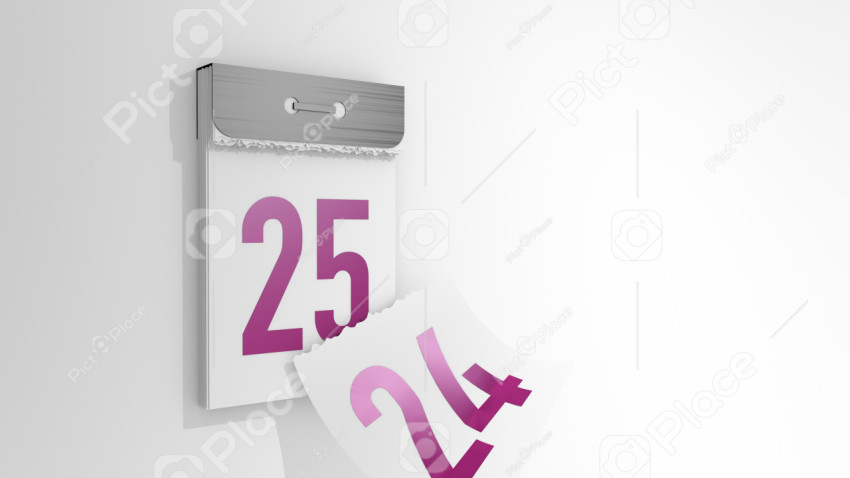 3d rendering of a minimalistic tear-off calendar. 3d illustration of changing days from 24 to 25. Falling page of the past day.