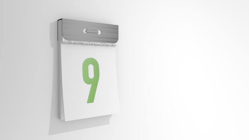 Tear-off calendar with number 9. Stylish 3D rendering of the ninth date. 3d illustration on white background day nine.