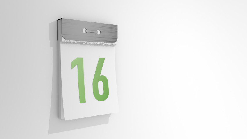 Tear-off calendar numbered 16. Stylish 3D rendering of the 16th date. 3d illustration over white background day sixteen.