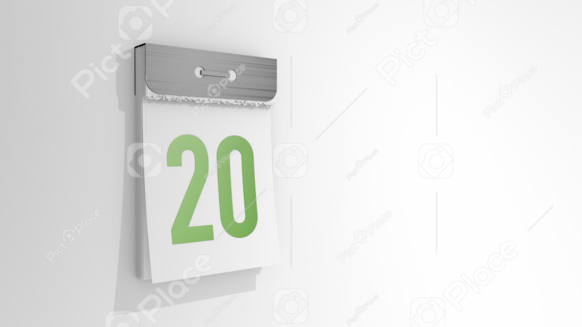Tear-off calendar numbered 20. Stylish 3D rendering of the 20th date. 3d illustration over white background day twenty.