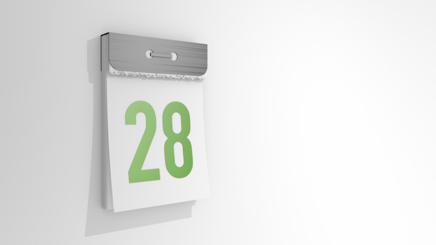 Tear-off calendar with number 28. Stylish 3D rendering of the twenty-eighth date. 3d illustration over white background day twenty eight.