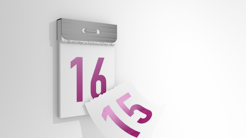 3d rendering of a minimalistic tear-off calendar. 3d illustration of changing days from 15 to 16. Falling page of the past day.